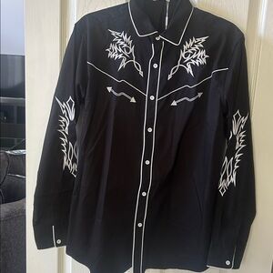 Black Embroidered Men's Casual Button Down Shirt